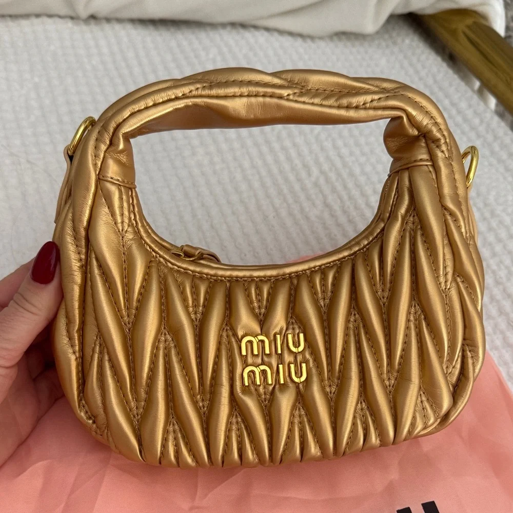 Bali Miu Miu Metallic Gold Quilted Mini Hobo Bag - Picture 3 of 6